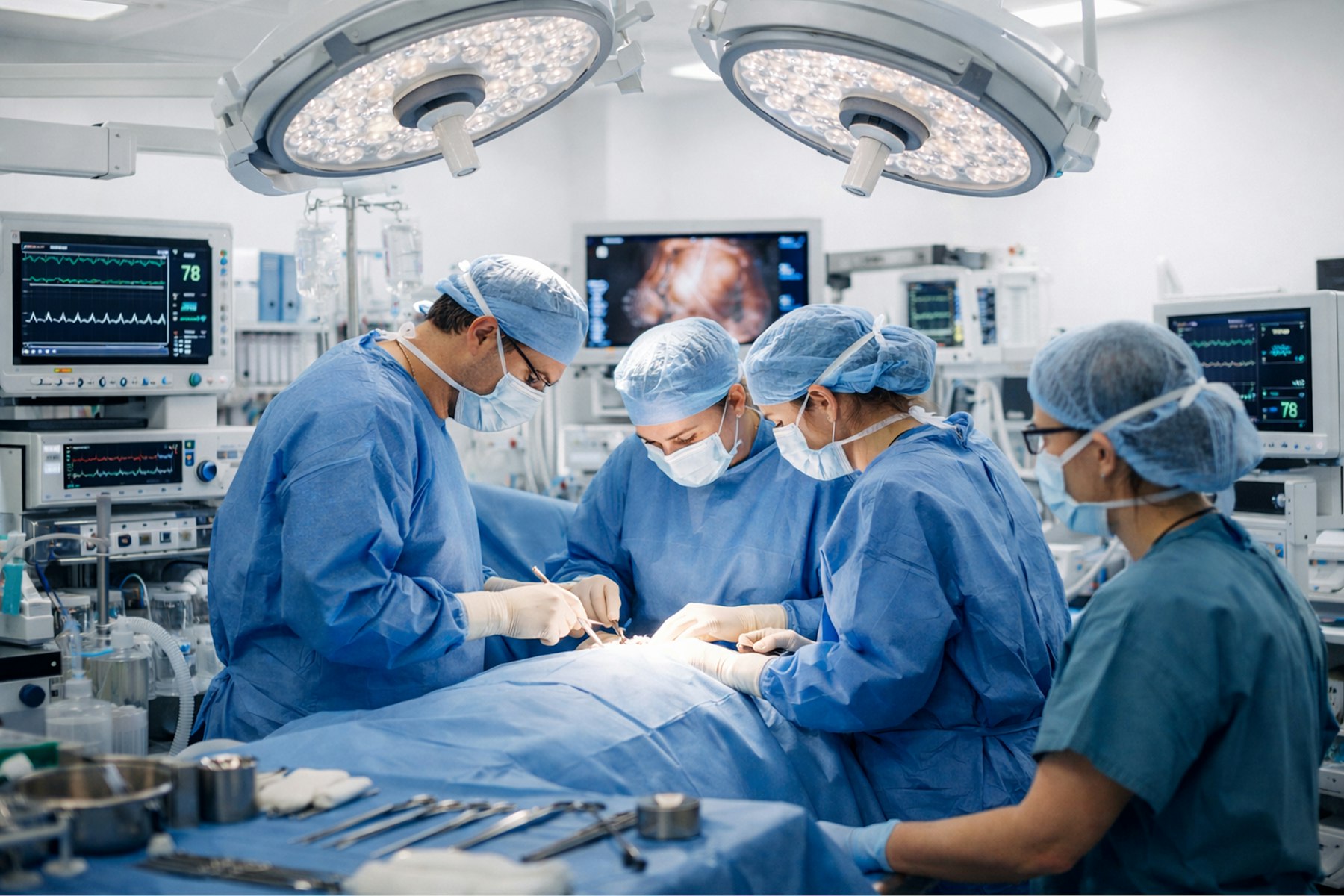 Surgical team in blue gowns in a bright, modern operating theatre